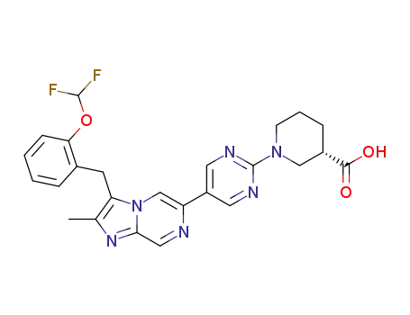 Molecular Structure of 1537168-80-1 ((3S)-1-[5-(3-{[2-(difluoromethoxy)phenyl]methyl}-2-methylimidazo[1,2-a]pyrazin-6-yl)pyrimidin-2-yl]piperidine-3-carboxylic acid)