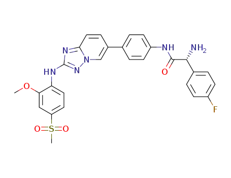 Molecular Structure of 1443763-71-0 ((2R)-2-amino-2-(4-fluorophenyl)-N-[4-(2-{[2-methoxy-4-(methylsulfonyl)-phenyl]amino}[1,2,4]triazolo[1,5-a]pyridin-6-yl)phenyl]ethanamide)