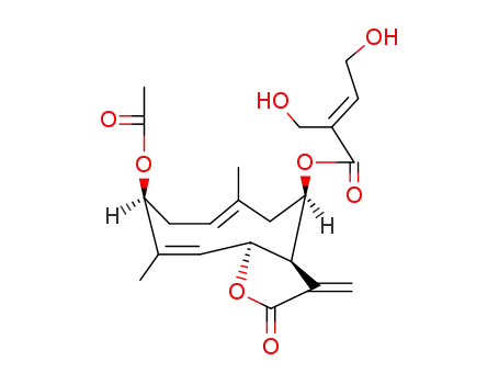 Molecular Structure of 38458-58-1 ((E)-4-Hydroxy-2-hydroxymethyl-2-butenoic acid (3aR,4R,6E,9S,10Z,11aR)-9-acetoxy-2,3,3a,4,5,8,9,11a-octahydro-6,10-dimethyl-3-methylene-2-oxocyclodeca[b]furan-4-yl ester)