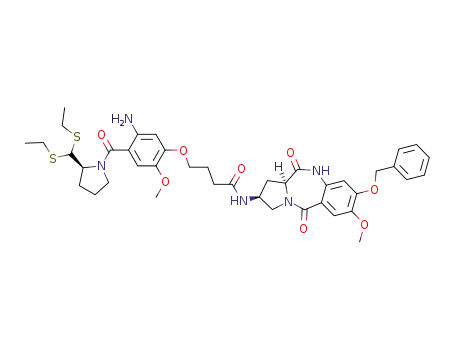 Molecular Structure of 642479-09-2 (4-{5-amino-4-[2-(bis-ethylsulfanyl-methyl)-pyrrolidine-1-carbonyl]-2-methoxy-phenoxy}-<i>N</i>-(8-benzyloxy-7-methoxy-5,11-dioxo-2,3,5,10,11,11a-hexahydro-1<i>H</i>-benzo[<i>e</i>]pyrrolo[1,2-<i>a</i>][1,4]diazepin-2-yl)-butyramide)