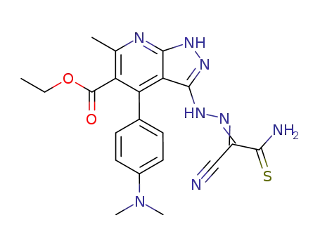 Molecular Structure of 404588-47-2 (1H-Pyrazolo[3,4-b]pyridine-5-carboxylic acid,
3-[(2-amino-1-cyano-2-thioxoethylidene)hydrazino]-4-[4-(dimethylamino
)phenyl]-6-methyl-, ethyl ester)