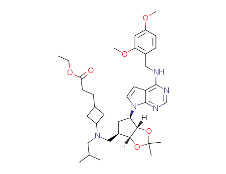 ethyl 3-(3-((((3aR,4R,6R,6aS)-6-(4-((2,4-dimethoxybenzyl)amino)-7H-pyrrolo[2,3-d]pyrimidin-7-yl)-2,2-dimethyltetrahydro-3aH-cyclopenta[d][1,3]dioxol-4-yl)methyl)(isobutyl)amino)cyclobutyl)propanoate