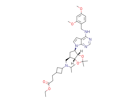 Molecular Structure of 1380350-40-2 (ethyl 3-(3-((((3aR,4R,6R,6aS)-6-(4-((2,4-dimethoxybenzyl)amino)-7H-pyrrolo[2,3-d]pyrimidin-7-yl)-2,2-dimethyltetrahydro-3aH-cyclopenta[d][1,3]dioxol-4-yl)methyl)(isopropyl)amino)cyclobutyl)propanoate)