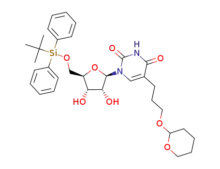 Molecular Structure of 174193-16-9 (1-[(2R,3R,4S,5R)-5-(tert-Butyl-diphenyl-silanyloxymethyl)-3,4-dihydroxy-tetrahydro-furan-2-yl]-5-[3-(tetrahydro-pyran-2-yloxy)-propyl]-1H-pyrimidine-2,4-dione)
