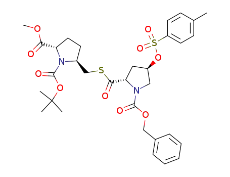 Molecular Structure of 376585-19-2 (1,2-Pyrrolidinedicarboxylic acid,
5-[[[[(2S,4R)-4-[[(4-methylphenyl)sulfonyl]oxy]-1-[(phenylmethoxy)carbon
yl]-2-pyrrolidinyl]carbonyl]thio]methyl]-, 1-(1,1-dimethylethyl) 2-methyl
ester, (2S,5S)-)