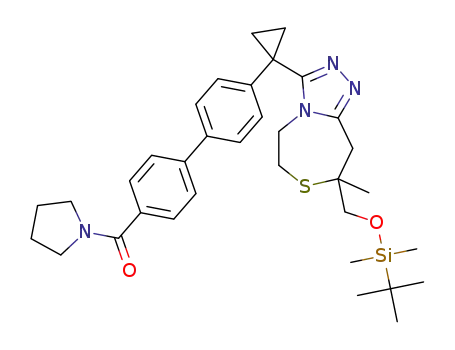 Molecular Structure of 1403396-14-4 (8-({[tert-butyl(dimethyl)silyl]oxy}methyl)-8-methyl-3-{1-[4'-(pyrrolidin-1-ylcarbonyl)biphenyl-4-yl]cyclopropyl}-5,6,8,9-tetrahydro[1,2,4]triazolo[4,3-d][1,4]thiazepine)