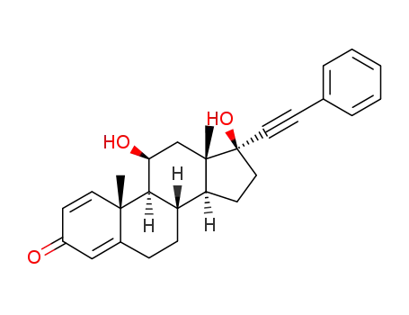 Molecular Structure of 74915-60-9 (11β,17β-dihydroxy-21-phenyl-17α-pregna-1,4-dien-20-yn-3-one)