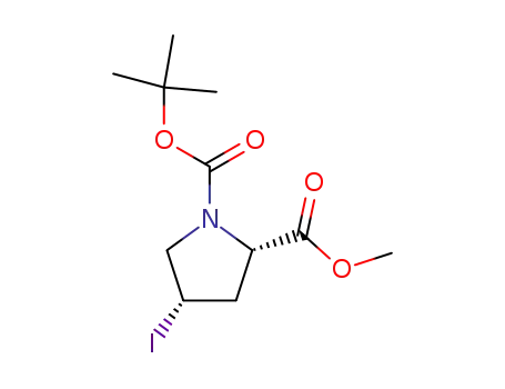 Molecular Structure of 83548-49-6 (1,2-Pyrrolidinedicarboxylic acid, 4-iodo-, 1-(1,1-dimethylethyl) 2-methyl
ester, (2S,4R)-)