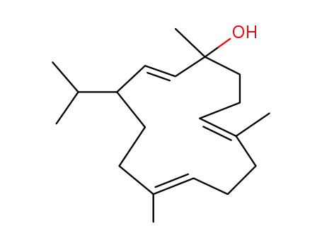 Molecular Structure of 63568-83-2 (2,7,11-Cyclotetradecatrien-1-ol, 1,7,11-trimethyl-4-(1-methylethyl)-,
(1R,2E,4S,7E,11E)-rel-)
