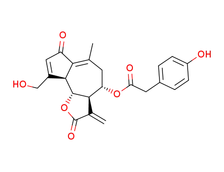 Molecular Structure of 65725-11-3 ((3aR,4S,9aS,9bR)-9-(hydroxymethyl)-6-methyl-3-methylidene-2,7-dioxo-2,3,3a,4,5,7,9a,9b-octahydroazuleno[4,5-b]furan-4-yl (4-hydroxyphenyl)acetate)