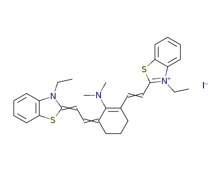 Molecular Structure of 70446-11-6 (2-[(E)-2-(2-(DIMETHYLAMINO)-3-((E)-2-[3-ETHYL-1,3-BENZOTHIAZOL-2(3H)-YLIDENE]ETHYLIDENE)-1-CYCLOHEXEN-1-YL)ETHENYL]-3-ETHYL-1,3-BENZOTHIAZOL-3-IUM IODIDE)