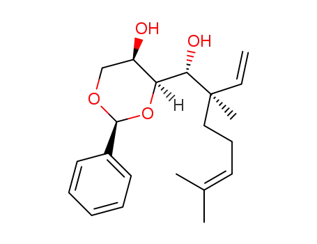 Molecular Structure of 1448722-25-5 ((2R,3R,4R,5R)-1,3-[(S)-benzylidenedioxy]-5,9-dimethyl-5-vinyldec-8-ene-2,4-diol)