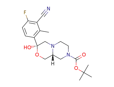 Molecular Structure of 1426073-11-1 ((3S,9aR)-3-(3-cyano-4-fluoro-2-methyl-phenyl)-3-hydroxy-hexahydro-pyrazino[2,1-c][1,4]oxazine-8-carboxylic acid tert-butyl ester)