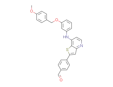 Molecular Structure of 1228102-90-6 (4-(7-(3-(4-methoxybenzyloxy)phenylamino)thieno[3,2-b]pyridin-2-yl)benzaldehyde)