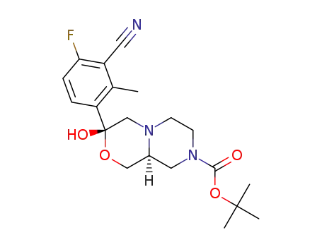 Molecular Structure of 1426073-09-7 ((3R,9aS)-3-(3-cyano-4-fluoro-2-methyl-phenyl)-3-hydroxy-hexahydro-pyrazino[2,1-c][ 1,4]oxazine-8-carboxylic acid tert-butyl ester)