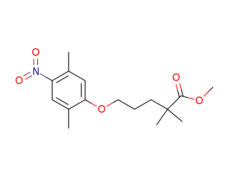 Molecular Structure of 147686-54-2 (5-(2,5-dimethyl-4-nitrophenoxy)-2,2-dimethylpentanoic acid, methyl ester)