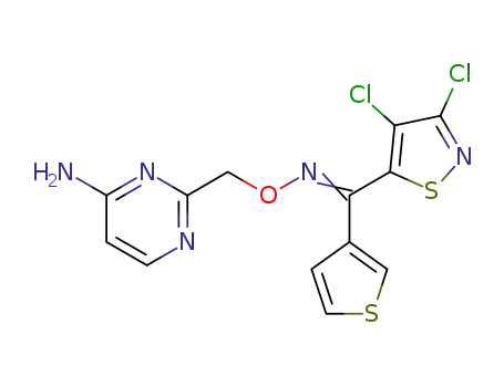 Molecular Structure of 1192576-14-9 (2-[({[(3,4-dichloro-1,2-thiazol-5-yl)(3-thienyl)methylene]amino}oxy)methyl]pyrimidin-4-amine)