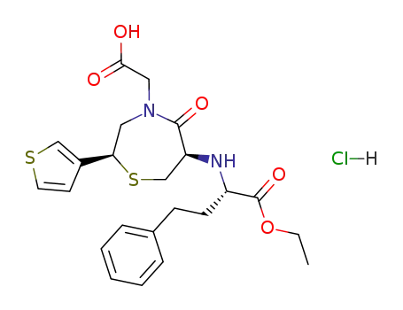 Molecular Structure of 110221-47-1 ((S)-2-((2S,6R)-4-Carboxymethyl-5-oxo-2-thiophen-3-yl-[1,4]thiazepan-6-ylamino)-4-phenyl-butyric acid ethyl ester; hydrochloride)