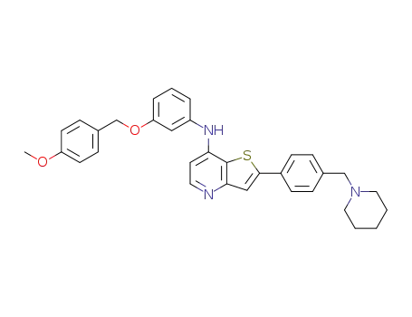 Molecular Structure of 1228103-34-1 (N-(3-(4-methoxybenzyloxy)phenyl)-2-(4-(piperidin-1-ylmethyl)phenyl)thieno[3,2-b]pyridin-7-amine)