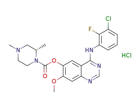 Molecular Structure of 1626387-81-2 ((R)-4-((3-chloro-2-fluorophenyl)amino)-7-methoxyquinazolin-6-yl 2,4-dimethylpiperazine-1-carboxylate hydrochloride salt)