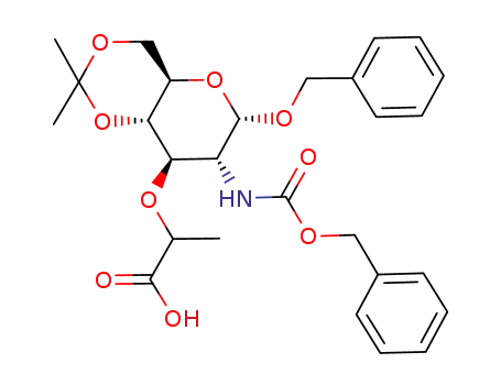 Molecular Structure of 77277-24-8 (2-((4aR,6S,7R,8R,8aS)-6-Benzyloxy-7-benzyloxycarbonylamino-2,2-dimethyl-hexahydro-pyrano[3,2-d][1,3]dioxin-8-yloxy)-propionic acid)