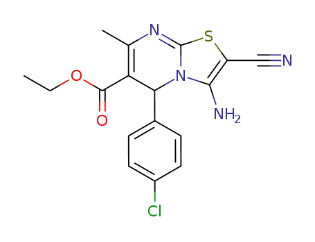 Molecular Structure of 154866-96-3 (ethyl 3-amino-5-(4-chlorophenyl)-2-cyano-7-methyl-5H-thiazolo<3,2-a>pyrimidine-6-carboxylate)