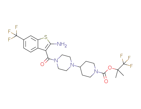 Molecular Structure of 1209008-23-0 (1,1,1-trifluoro-2-methylpropan-2-yl 4-(4-{[2-amino-6-(trifluoromethyl)-1-benzothiophen-3-yl]carbonyl}piperazin-1-yl)piperidine-1-carboxylate)
