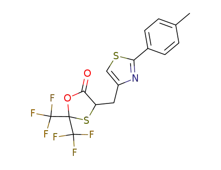 Molecular Structure of 1026218-87-0 (4-[2-(4-methylphenyl)-thiazol-4-ylmethyl]-2,2-bis(trifluoromethyl)-1,3-oxathiolan-5-one)