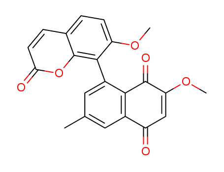 Molecular Structure of 114032-24-5 (1,4-Naphthalenedione,2-methoxy-8-(7-methoxy-2-oxo-2H-1-benzopyran-8-yl)-6-methyl-)