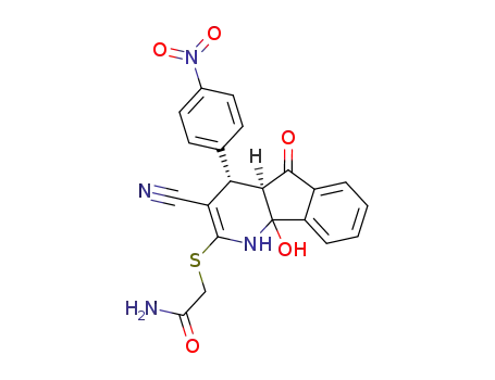 Molecular Structure of 127871-03-8 (2-[(4S,4aR)-3-Cyano-9b-hydroxy-4-(4-nitro-phenyl)-5-oxo-4,4a,5,9b-tetrahydro-1H-indeno[1,2-b]pyridin-2-ylsulfanyl]-acetamide)