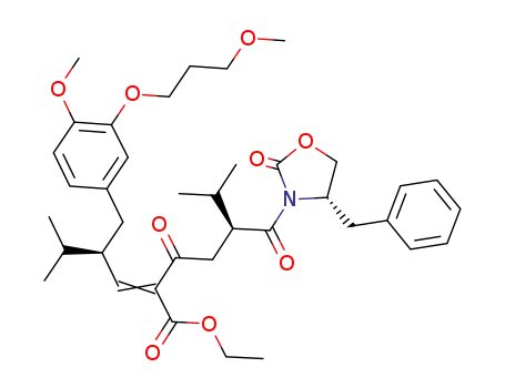 Molecular Structure of 1351987-29-5 ((S)-ethyl 5-(((S)-4-benzyl-2-oxooxazolidin-3-yl)-carbonyl)-2-((R)-2-(4-methoxy-3-(3-methoxypropoxy)-benzyl)-3-methylbutylidene)-6-methyl-3-oxoheptanoate)