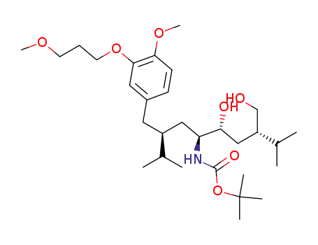 Molecular Structure of 866030-40-2 (((1S,2R,4S)-2-Hydroxy-4-hydroxymethyl-1-{(S)-2-[4-methoxy-3-(3-methoxy-propoxy)-benzyl]-3-methyl-butyl}-5-methyl-hexyl)-carbamic acid tert-butyl ester)