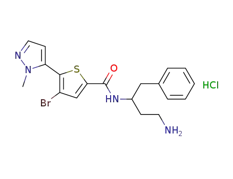 Molecular Structure of 1047644-97-2 (N-[3-amino-1-(phenylmethyl)propyl]-4-bromo-5-(1-methyl-1H-pyrazol-5-yl)-2-thiophenecarboxamide hydrochloride)