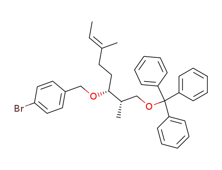 Molecular Structure of 86699-50-5 (1-Bromo-4-[(E)-(R)-4-methyl-1-((S)-1-methyl-2-trityloxy-ethyl)-hex-4-enyloxymethyl]-benzene)