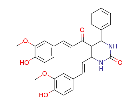 Molecular Structure of 1373886-08-8 (5-(4-hydroxy-3-methoxyphenylethylenecarbonyl)-6-(4-hydroxy-3-methoxyphenylethylene)-4-phenyl-3,4-dihydropyrimidin-2(1H)-one)