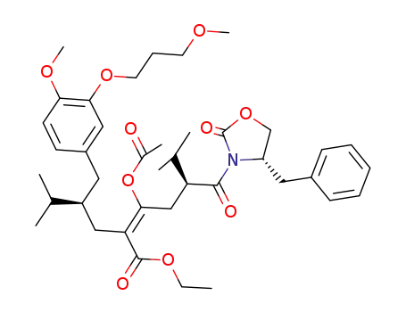 Molecular Structure of 1351987-31-9 ((S,E)-ethyl-3-acetoxy-5-(((S)-4-benzyloxazolidin-2-on-3-yl) carbonyl)-2-((S)-2-(4-methoxy-3-(3-methoxypropoxy)benzyl)-3-methylbutyl)-6-methylhept-2-enoate)