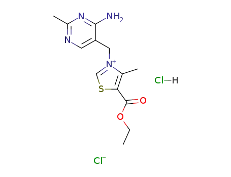 Molecular Structure of 102787-95-1 (5-ethoxycarbonyl-3-(4-amino-2-methyl-pyrimidin-5-ylmethyl)-4-methyl-thiazolium; chloride-hydrochloride)
