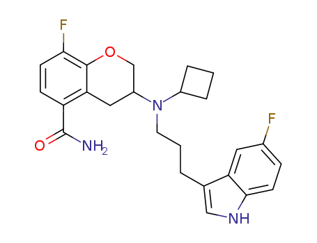 Molecular Structure of 843653-25-8 (2H-1-Benzopyran-5-carboxamide, 3-[cyclobutyl[3-(5-fluoro-1H-indol-3-yl)propyl]amino]-8-fluoro-3,4-dihydro-, (3R)-)