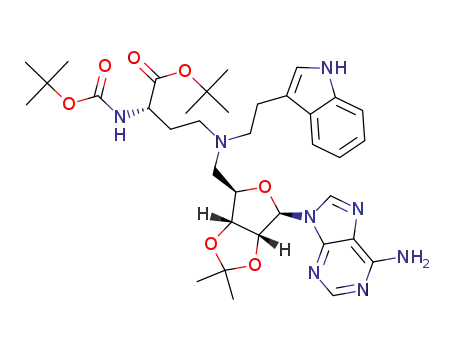 Molecular Structure of 1373432-58-6 ((S)-tert-butyl-4-((2-(1H-indol-3-yl)ethyl)(((3aR,4R,6R,6aR)-6-(6-amino-9H-purin-9-yl)-2,2-dimethyltetrahydrofuro[3,4-d][1,3]dioxol-4-yl)methyl)amino)-2-((tert-butoxycarbonyl) amino)butanoate)