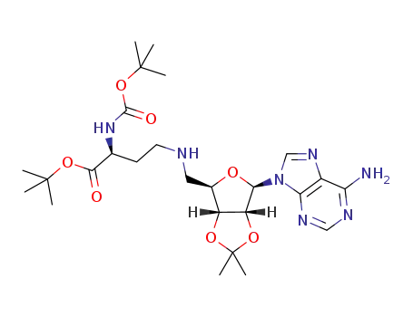 Molecular Structure of 1227195-11-0 ((S)-tert-butyl 4-((((3aR,4R,6R,6aR)-6-(6-amino-9H-purin-9-yl)-2,2-dimethyltetrahydrofuro[3,4-d][1,3]dioxol-4-yl)methyl)amino)-2-((tert-butoxycarbonyl)amino)butanoate)