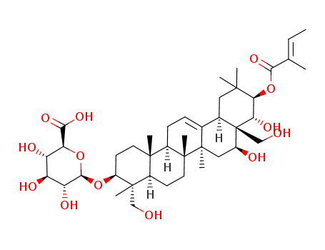 Molecular Structure of 121903-96-6 (b-D-Glucopyranosiduronic acid, (3b,4a,16b,21b,22a)-16,22,23,28-tetrahydroxy-21-[[(2E)-2-methyl-1-oxo-2-buten-1-yl]oxy]olean-12-en-3-yl)