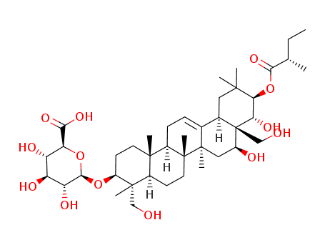 Molecular Structure of 122074-65-1 (b-D-Glucopyranosiduronic acid, (3b,4a,16b,21b,22a)-16,22,23,28-tetrahydroxy-21-[(2S)-2-methyl-1-oxobutoxy]olean-12-en-3-yl)