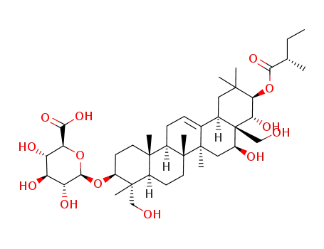 Molecular Structure of 122074-65-1 (b-D-Glucopyranosiduronic acid, (3b,4a,16b,21b,22a)-16,22,23,28-tetrahydroxy-21-[(2S)-2-methyl-1-oxobutoxy]olean-12-en-3-yl)