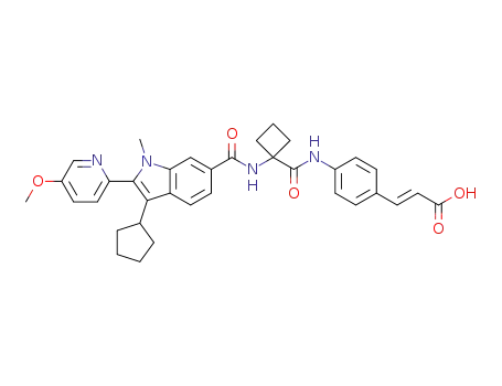 Molecular Structure of 494857-17-9 (2-Propenoic acid,
3-[4-[[[1-[[[3-cyclopentyl-2-(5-methoxy-2-pyridinyl)-1-methyl-1H-indol-6-yl
]carbonyl]amino]cyclobutyl]carbonyl]amino]phenyl]-, (2E)-)