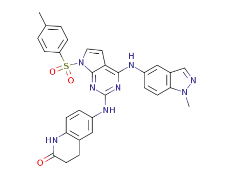 Molecular Structure of 1122710-40-0 (6-(4-(1-methyl-1H-indazol-5-ylamino)-7-tosyl-7H-pyrrolo[2,3-d]pyrimidin-2-ylamino)-3,4-dihydroquinolin-2(1H)-one)