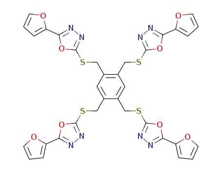 Molecular Structure of 1355947-56-6 (1,2,4,5-tetrakis[5-(2-furyl)-1,3,4-oxadiazol-2-ylthiomethyl]benzene)