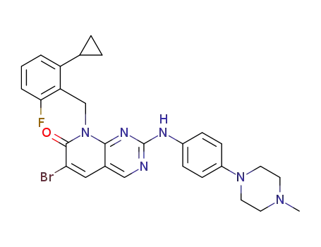 Molecular Structure of 1352133-18-6 (6-bromo-8-(2-cyclopropyl-6-fluorobenzyl)-2-[4-(4-methyl-piperazin-1-yl)-phenylamino]-8H-pyrido[2,3-d]pyrimidin-7-one)