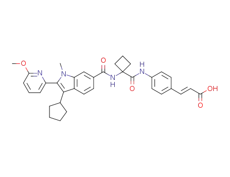 Molecular Structure of 494856-40-5 (2-Propenoic acid,
3-[4-[[[1-[[[3-cyclopentyl-2-(6-methoxy-2-pyridinyl)-1-methyl-1H-indol-6-yl
]carbonyl]amino]cyclobutyl]carbonyl]amino]phenyl]-, (2E)-)