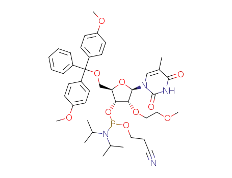 Molecular Structure of 163878-63-5 ((2R,3R,4R,5R)-2-((BIS(4-METHOXYPHENYL)(PHENYL)METHOXY)METHYL)-4-(2-METHOXYETHOXY)-5-(5-METHYL-2,4-DIOXO-3,4-DIHYDROPYRIMIDIN-1(2H)-YL)TETRAHYDROFURAN-3-YL 2-CYANOETHYL DIISOPROPYLPHOSPHORAMIDITE)