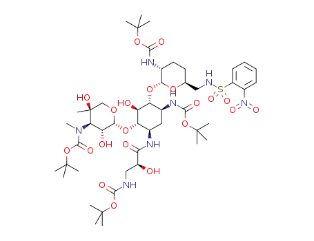Molecular Structure of 1346507-67-2 (tert-butyl (2R,3R,6S)-2-((1R,2S,3S,4R,6S)-3-((2R,3R,4R,5R)-3,5-dihydroxy-5-methyl-4-(N-methyl-tert-butoxycarbonylamino)tetrahydro-2H-pyran-2-yloxy)-2-hydroxy-4-((S)-2-hydroxy-3-tert-butoxycarbonylaminopropanamido)-6-tert-butoxycarbonylaminocyclohexyloxy)-6-((2-nitrophenylsulfonamido)methyl)tetrahydro-2H-pyran-3-ylcarbamate)